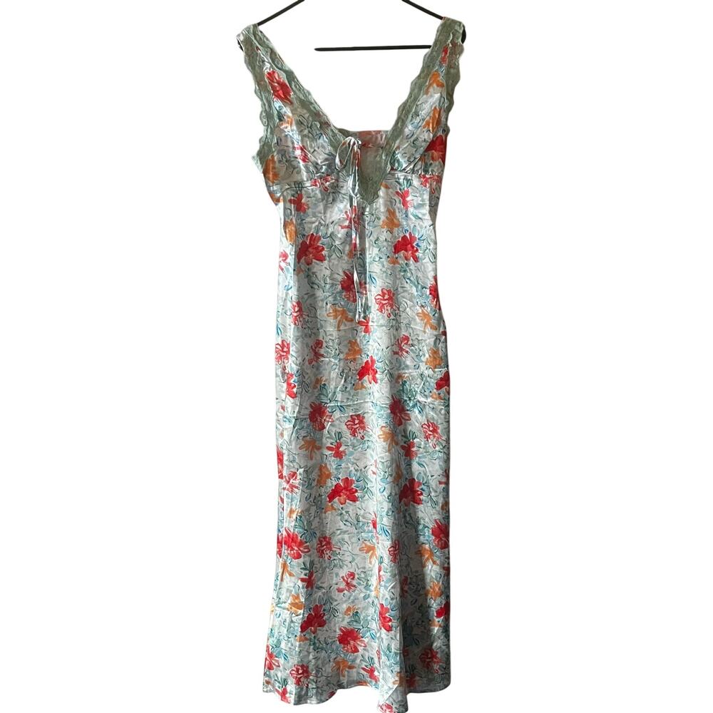 Floral Slip Dress Satin Lace Trim Midi Cottagecore Fairycore Tie Front Women S‎